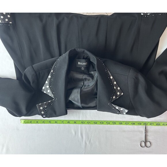 Malina's Womens Size 8 Black Jacket Poka Dot Trim Triangle Jewled Buttons - Picture 3 of 12